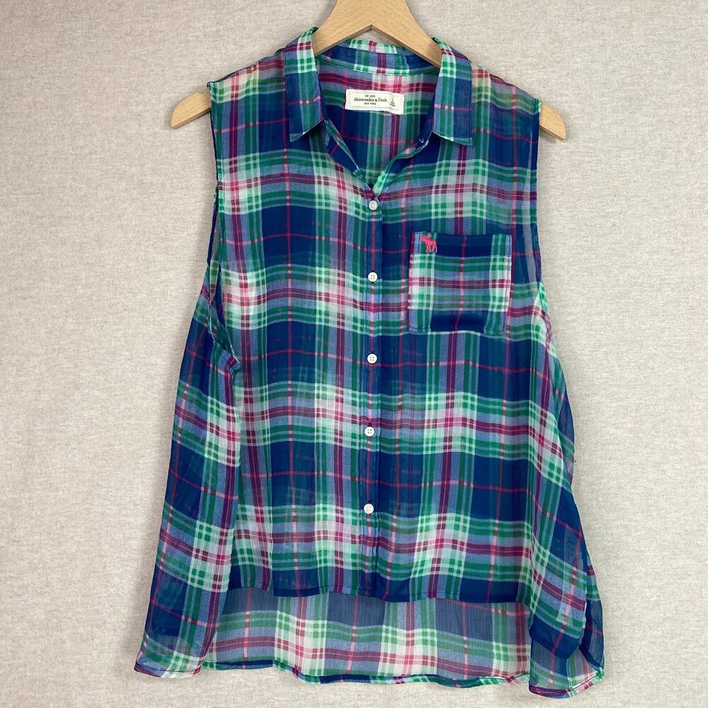 Y2K Abercrombie & Fitch Womens Sleeveless Button Up Top Size L Preppy Moose Logo